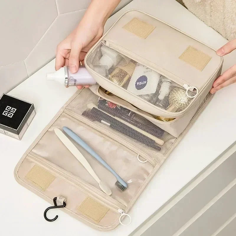 Waterproof travel makeup bag with hook – stylish, compact, organized.