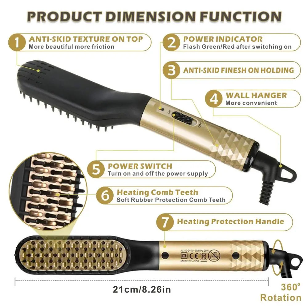 Professional heated comb for straightening hair and beard.