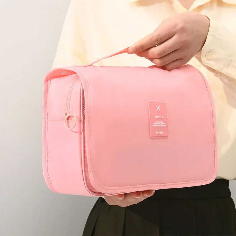 Waterproof travel makeup bag with hook – stylish, compact, organized.