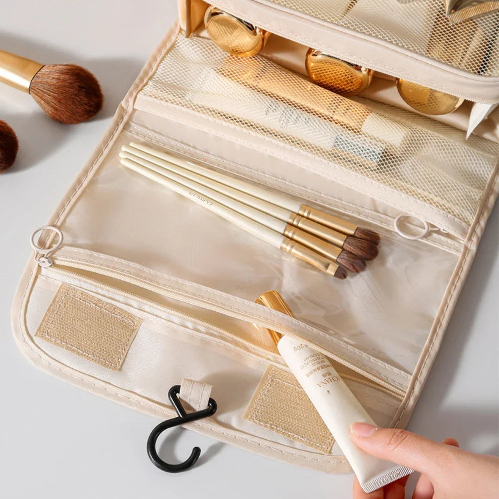 Waterproof travel makeup bag with hook – stylish, compact, organized.