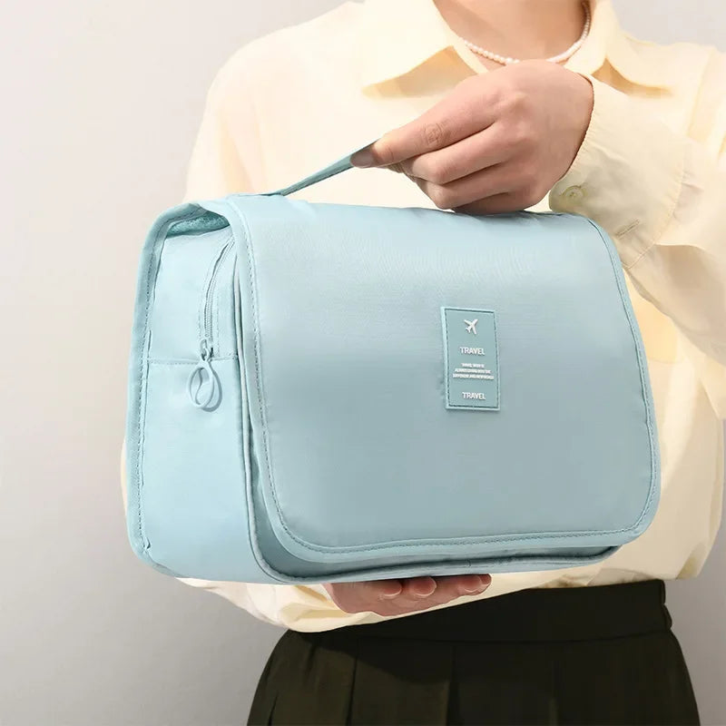 Waterproof travel makeup bag with hook – stylish, compact, organized.