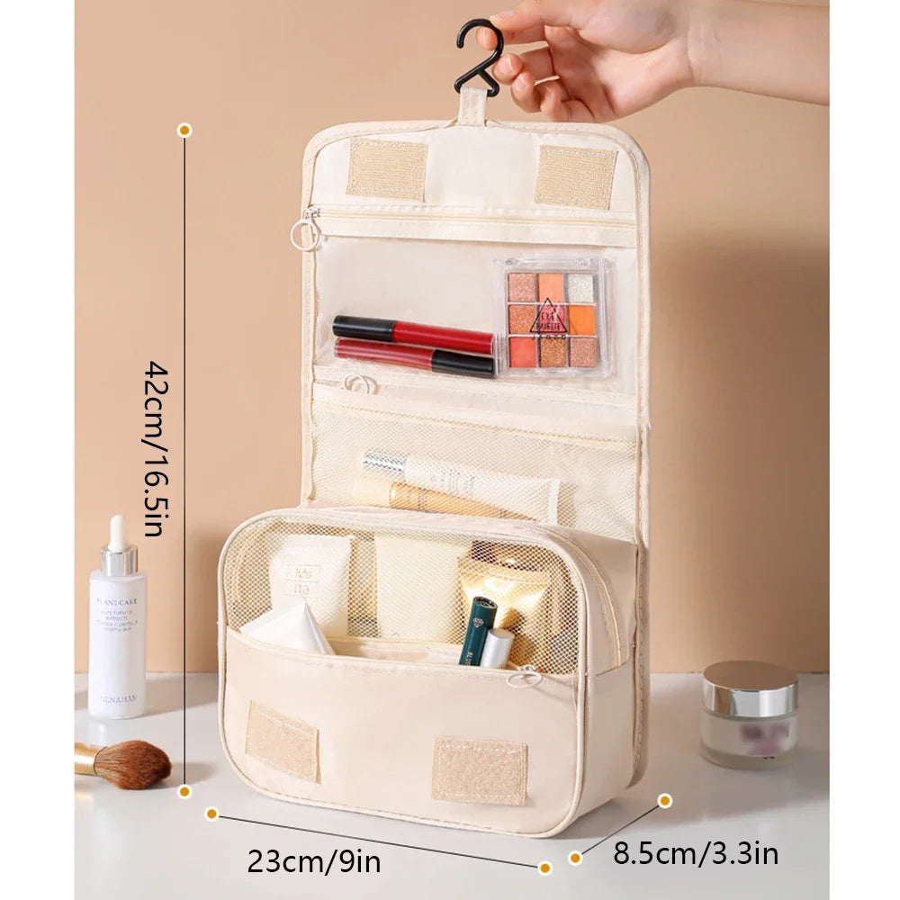 Waterproof travel makeup bag with hook – stylish, compact, organized.