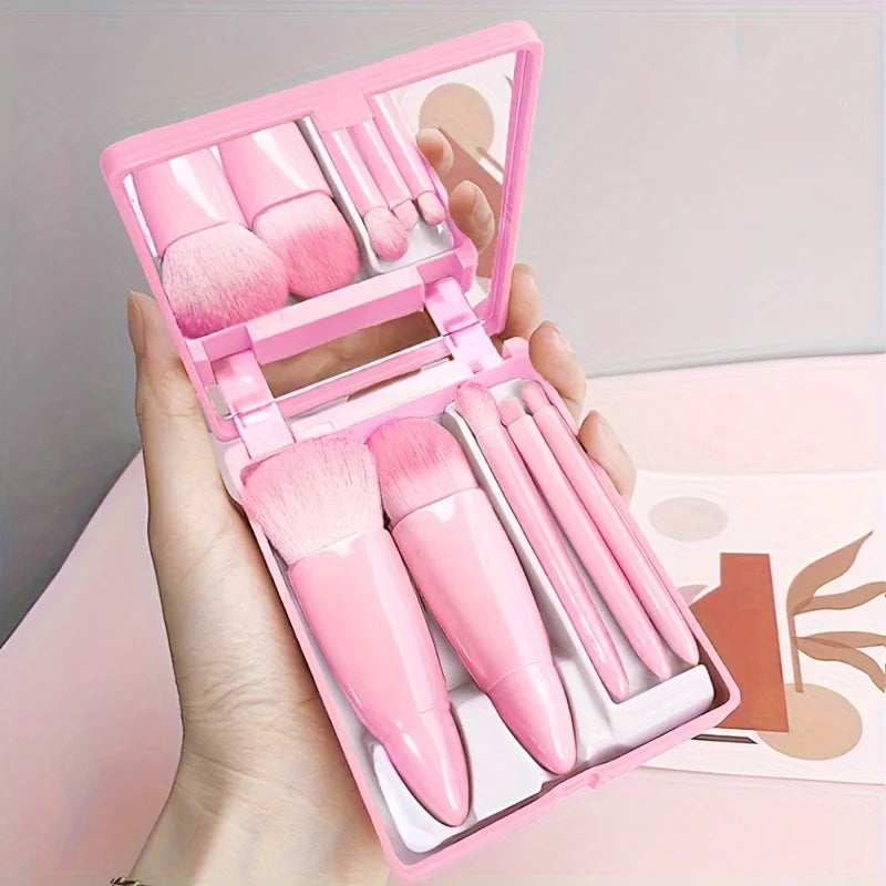 5-piece makeup brush set – foldable, compact, mirror included.