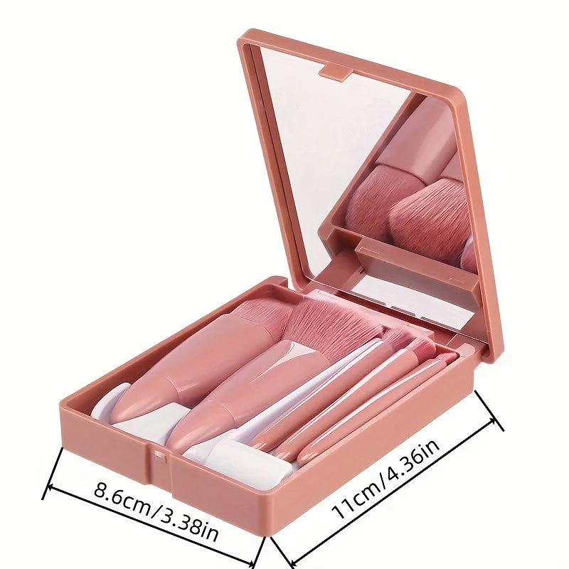 5-piece makeup brush set – foldable, compact, mirror included.