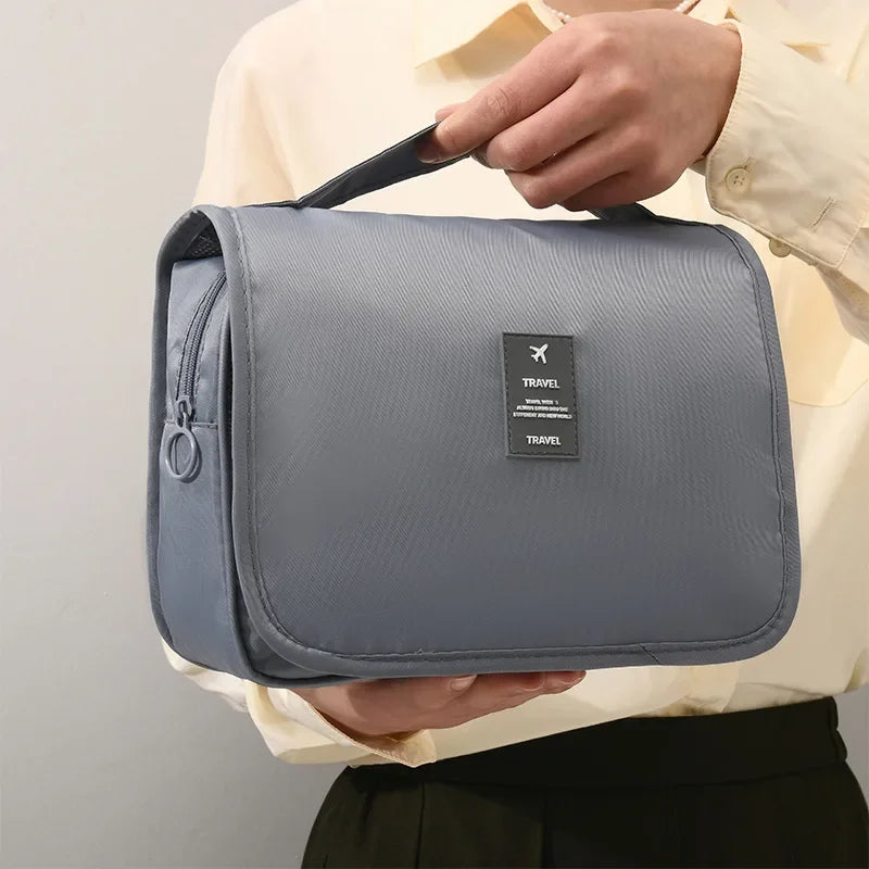 Waterproof travel makeup bag with hook – stylish, compact, organized.