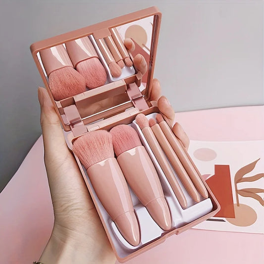5-piece makeup brush set – foldable, compact, mirror included.