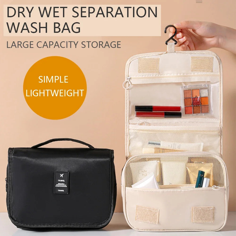 Waterproof travel makeup bag with hook – stylish, compact, organized.