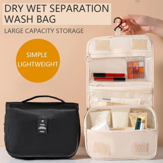 Waterproof travel makeup bag with hook – stylish, compact, organized.