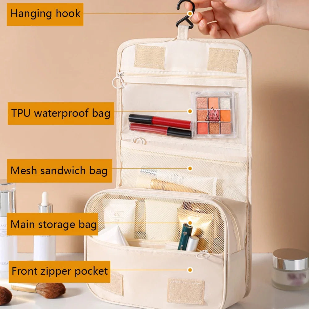 Waterproof travel makeup bag with hook – stylish, compact, organized.