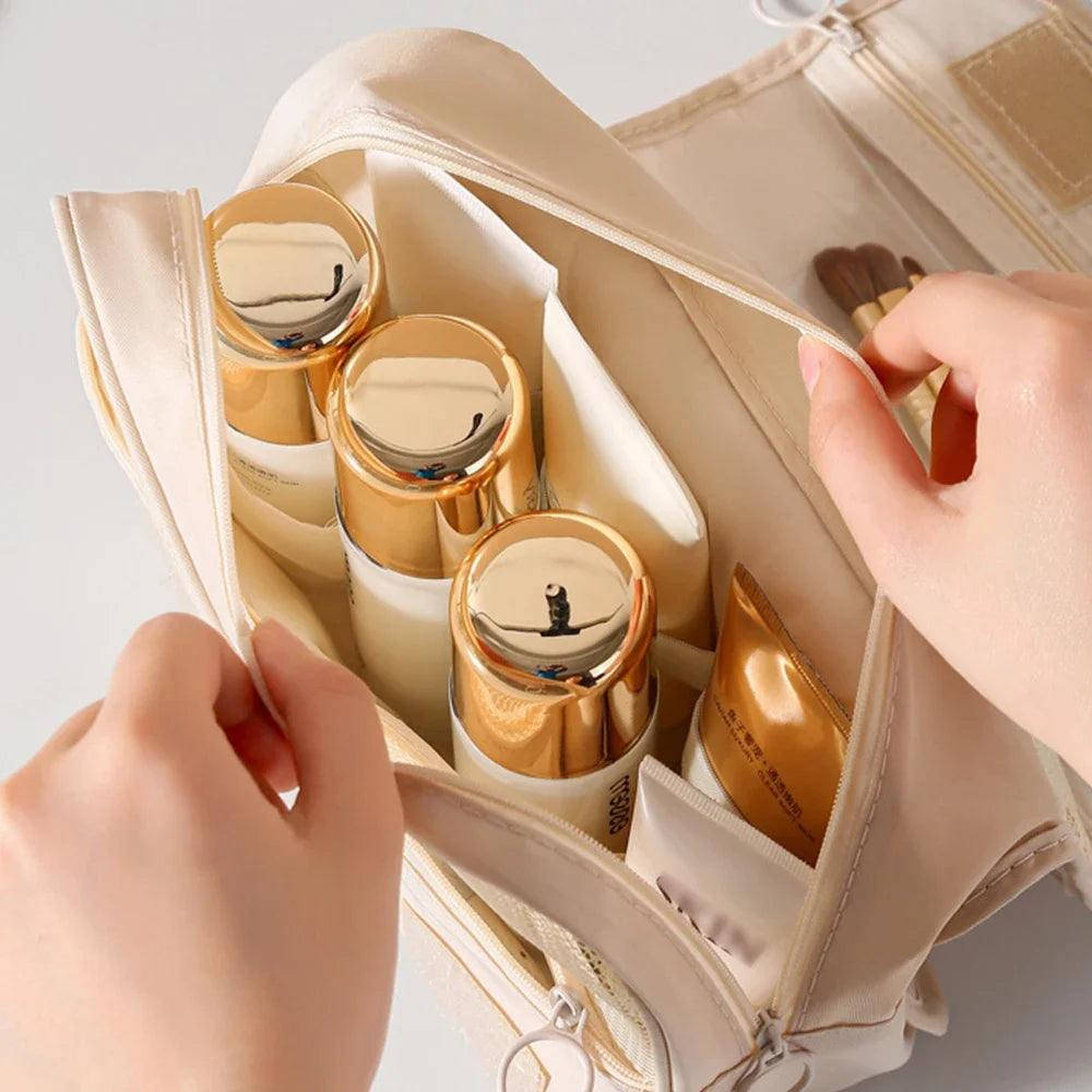 Waterproof travel makeup bag with hook – stylish, compact, organized.